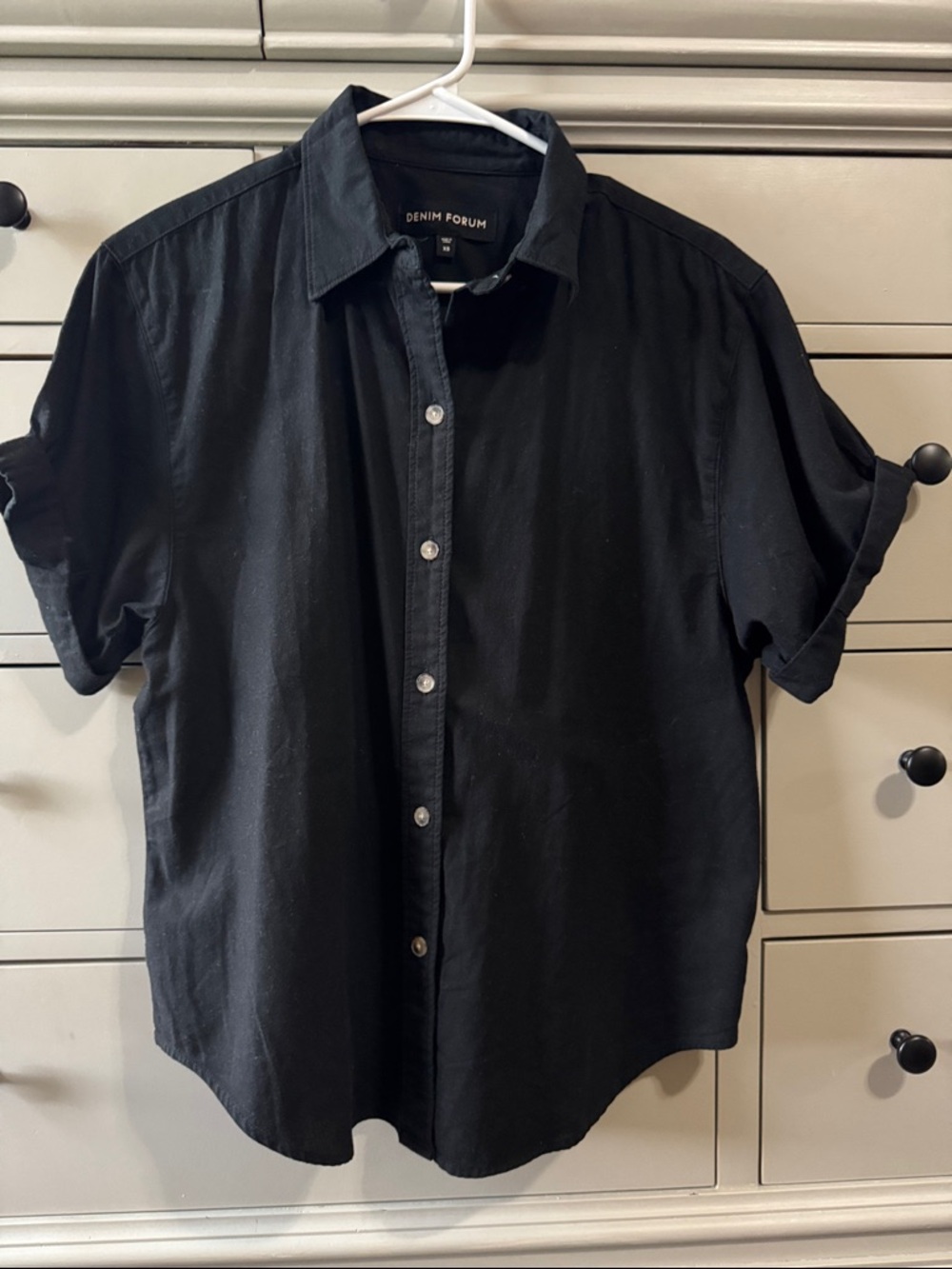 Denim Forum Women’s Black Short-Sleeve Button-Down Shirt 100% Cotton
